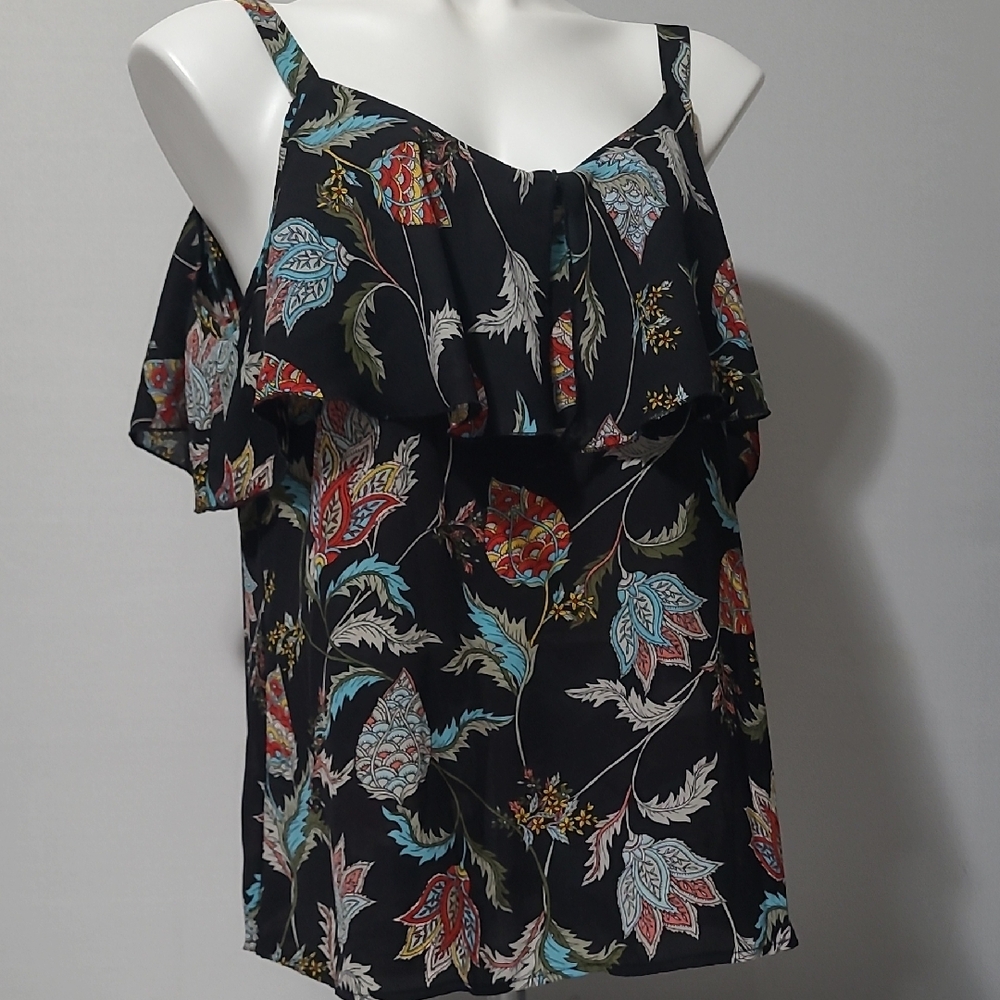 7TH AVENUE FLORAL BLACK/BLUE SLEEVELESS W/RUFFLE  BLOUSE SEMI SHEER SIZE  L